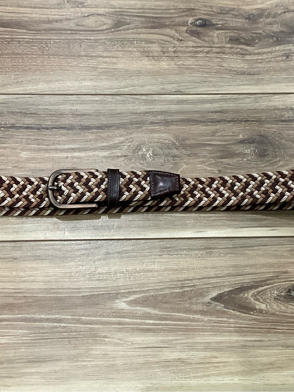 Men's Braided Elastic Belt in brown multi with Dark Leather Trim Sz 34
